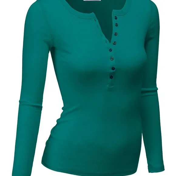 Green Ribbed Henley Top - Picture 2 of 8